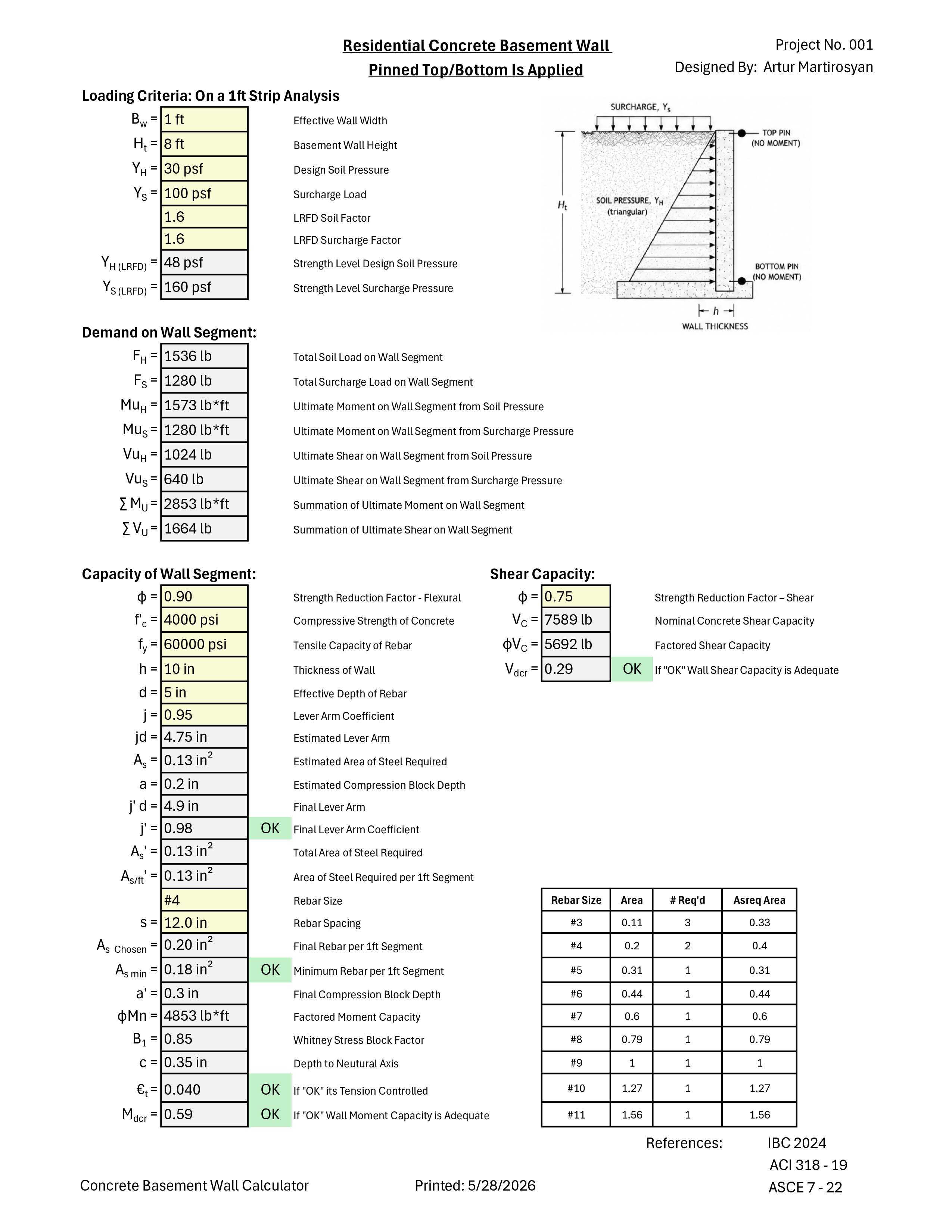 Excel calculator for residential concrete basement wall design