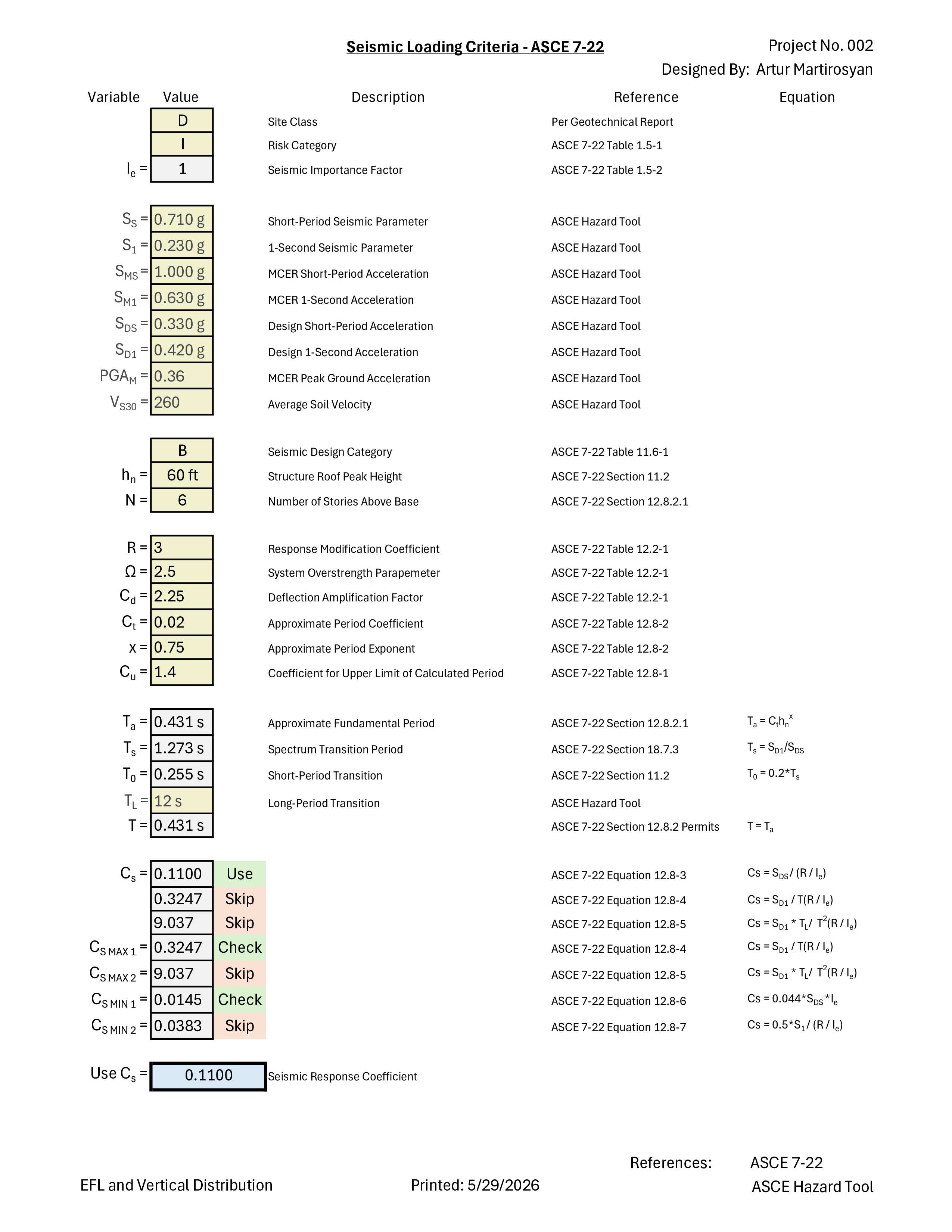Excel calculator for seismic loading criteria