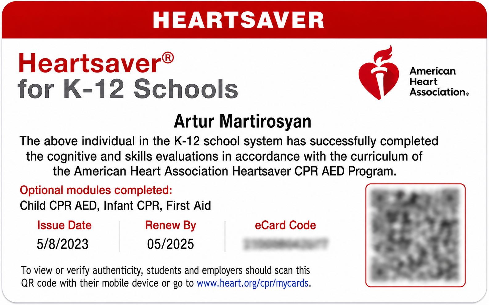 CPR AED Certificate