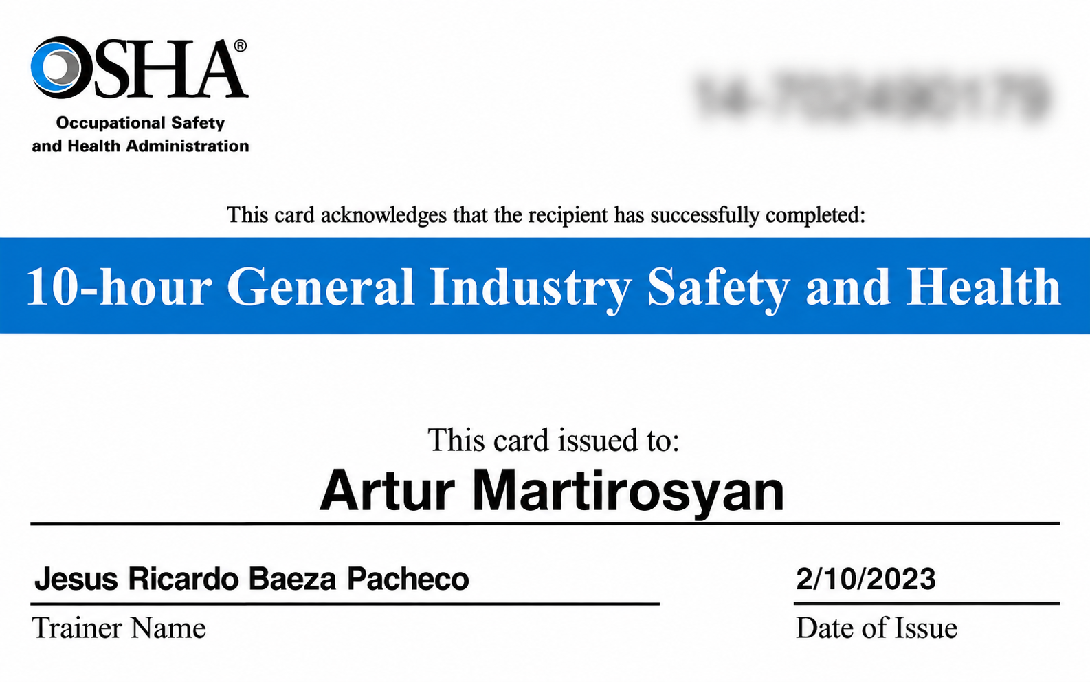 OSHA Certificate