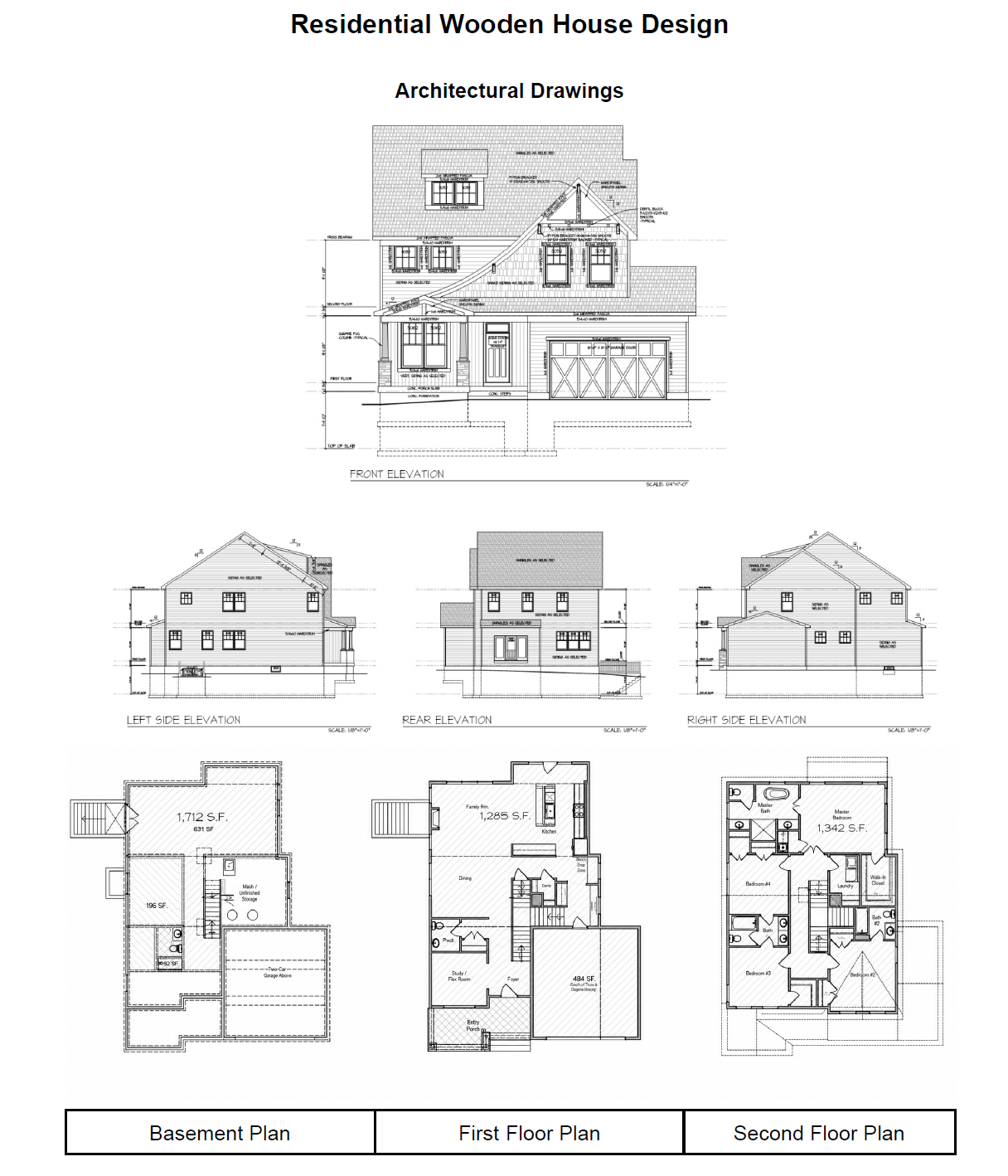 Architectural elevations and floor plans for the residential house